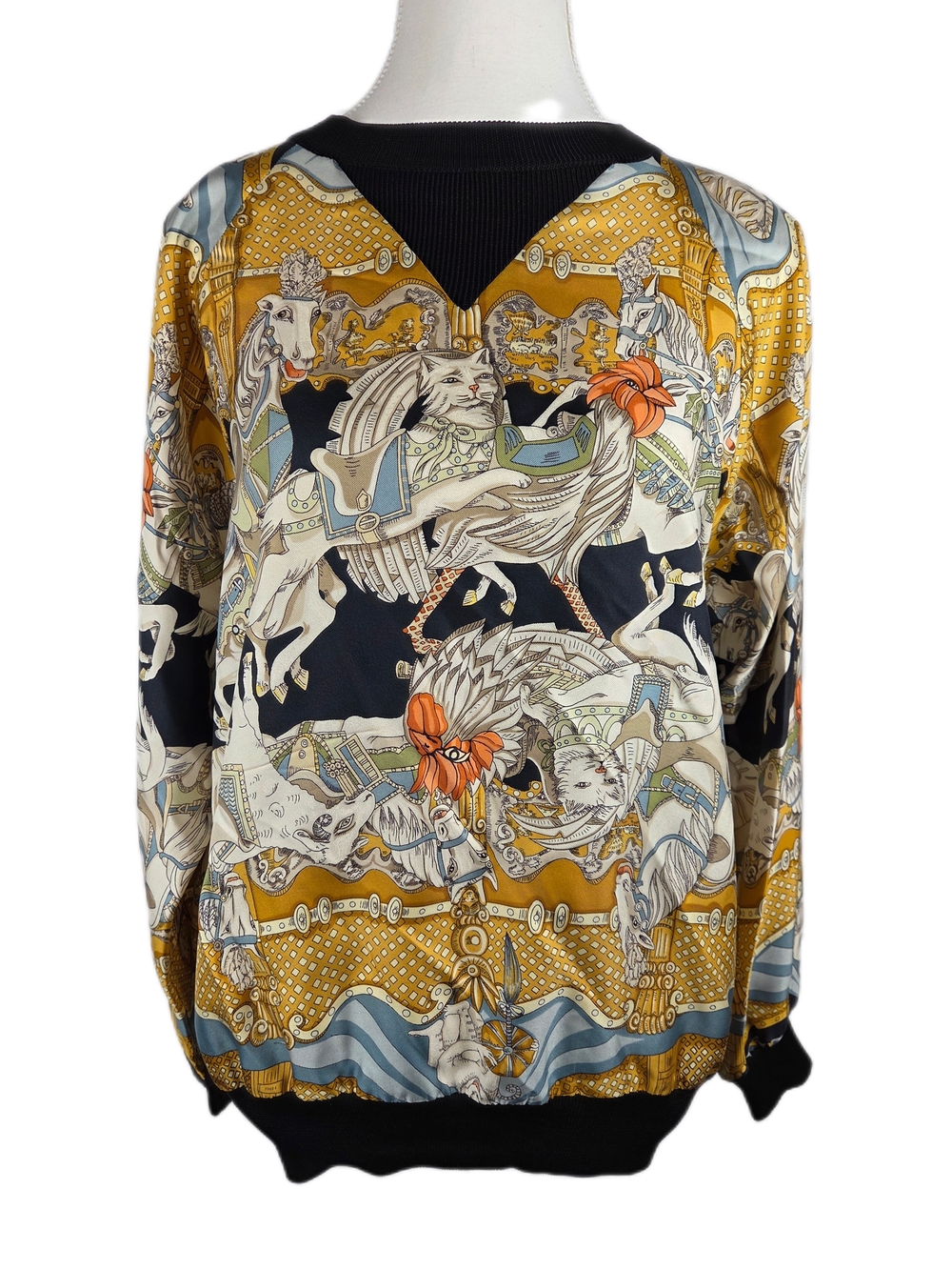 Vintage Hermès Silk Panel Twillaine Knit Blouse - Equestrian & Pageantry Motif